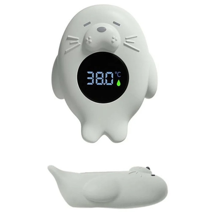 Digitális babafürdőhőmérő K0345-0807-KFCJ-xw813, LED kijelző 3 színű indikátorral (kék/zöld/piros), vízálló, PVC, világosszürke