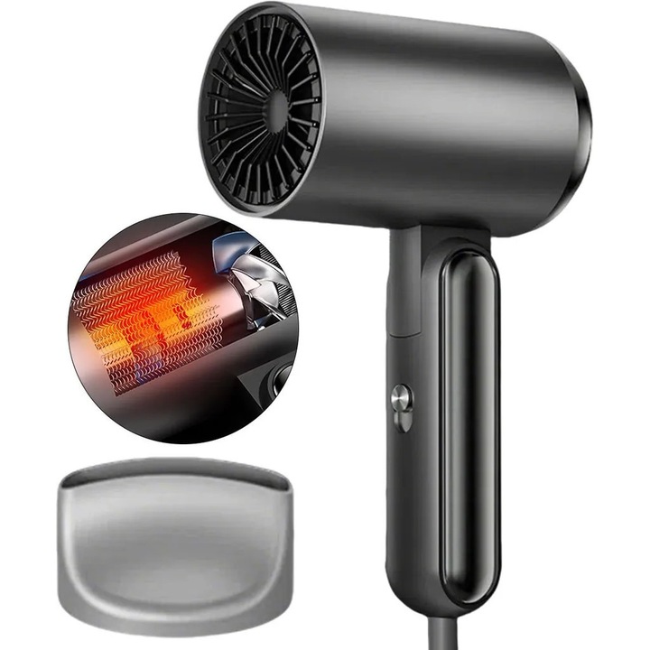 Сешоар K0345-0807-KFCJ-xw748, сгъваем за пътуване, 1600W, йонна технология, 3 степени на температура, дифузер и накрайник за стилизиране, черен