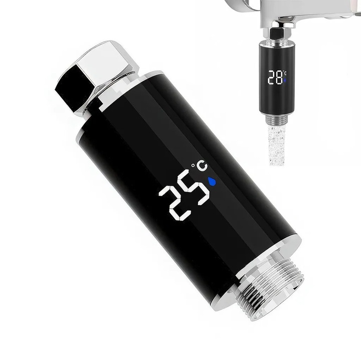 K0367-0615-HS7077 zuhanyhőmérő, hidroelektromos tápellátás elemek nélkül, 360°-ban forgatható LED kijelző, 3 színű hőmérséklet figyelmeztetés (kék/zöld/piros), univerzális 1/4 hüvelykes menet, fekete