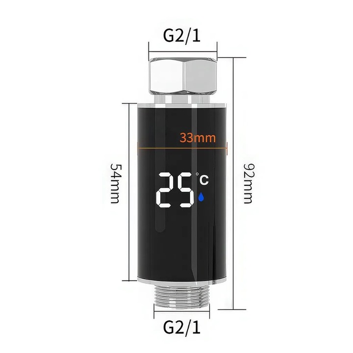 Hőmérséklet kijelző K0345-0807-KFCJ-xw1399 zuhanyfejhez, 360°-ban forgatható LED, háromszínű figyelmeztetés, vízáramlás által táplált (elemek nélkül), G1/2, IP68, 0–99°C ±1–2°C mérés, fekete