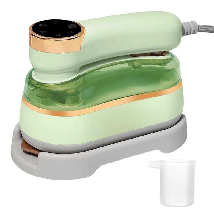 Fier de calcat cu aburi portabil K0345-0807-KFCJ-xw2673, 1200W, rezervor 180 ml, talpa ceramic-titan antiaderenta, incalzire 20s, abur 25 g/min, pliabil, 120/240V, verde