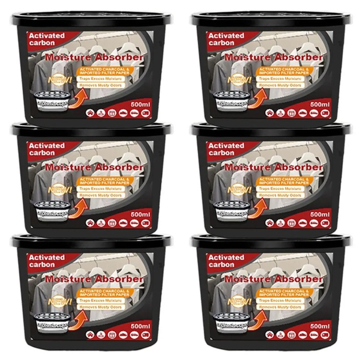Абсорбатор на влага комплект 6 x 500 ml K0345-0807-KFCJ-xw2690, с активен въглен и неутрализиране на миризми, черен (общо 3 L)