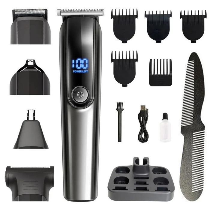 Trimmer pentru par si barba K0345-0807-KFCJ-xw1504, 5 in 1 cu lame din otel carbon si lama T, 5 piepteni 3/6/9/12 mm, incarcare USB-C, 90 min autonomie, negru/argintiu