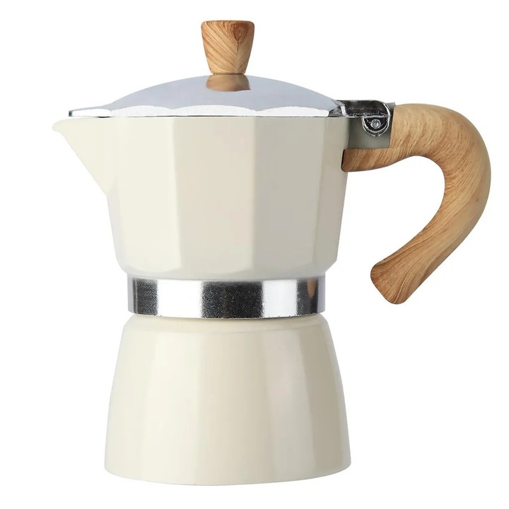 Кафеварка Moka K0345-0807-KFCJ-xw1838, от алуминий с метален филтър и силиконово уплътнение, предпазен клапан, топлоустойчива дръжка, съвместима с газови/електрически/керамични котлони и къмпинг, кремава, 6 чаши (≈300 ml)