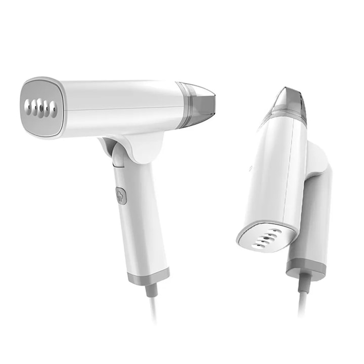 Aburitor portabil pentru haine K0345-0807-KFCJ-xw1889, 1300 W, incalzire in 9 s, rezervor 85 ml, functie 2 in 1 (calcare plat/pe umeras) cu cap rotativ, abur uscat, cablu 1.5 m, alb