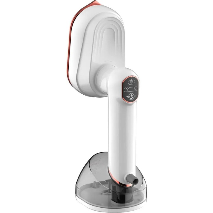 Steamer de mana portabil K0345-0807-KFCJ-xw2449, 1200 W, talpa ceramica, 3 trepte de abur, incalzire 25 s, rezervor 230 ml, utilizare verticala si orizontala, alb/roz-auriu