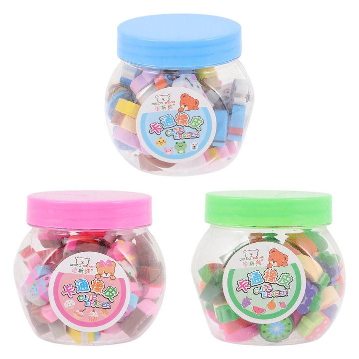 Gume de sters ZYBLSSBB in borcan, TPU, modele asortate (animal, fructe), multicolor, 50 buc., 1.8 x 1.8 x 1.0 cm