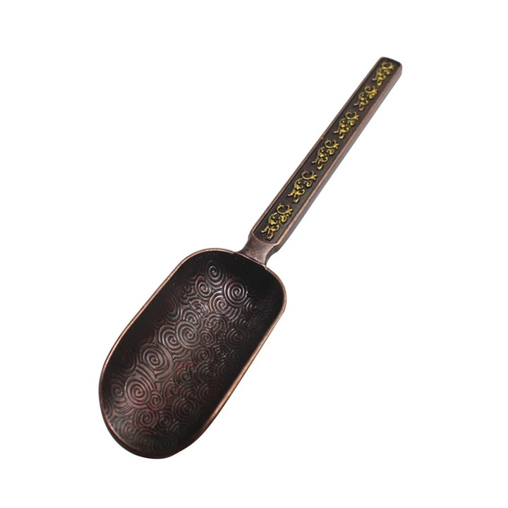 Lopata pentru ceai ZYBLSSBB din cupru si zinc, stil retro cu model gravat, Antique Copper, 16 x 2.8 x 1 cm
