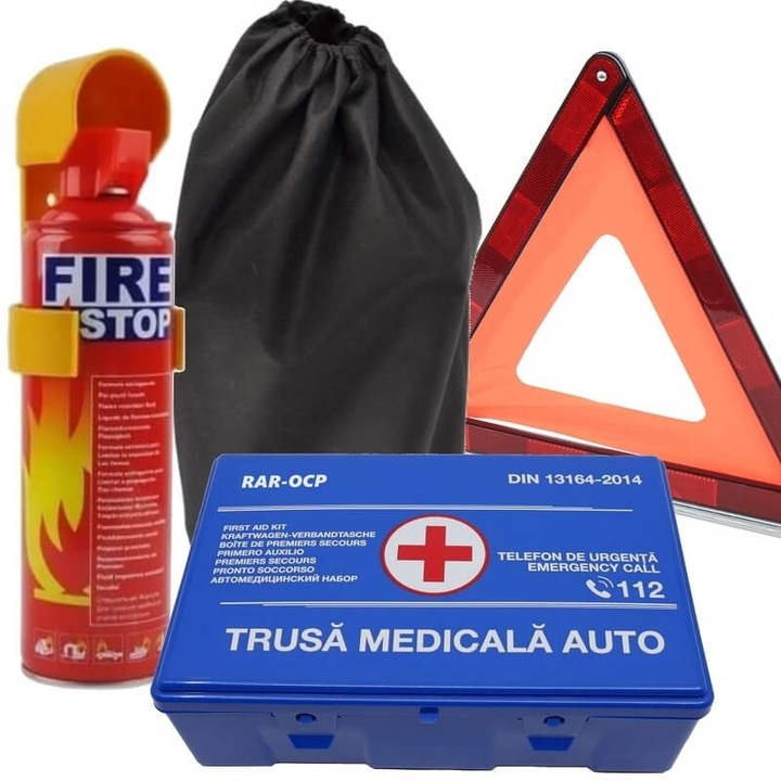 Kit siguranta rutiera: Stingator auto spray + Trusa Medicala Auto + Triunghi reflectorizant + Organizator portbagaj
