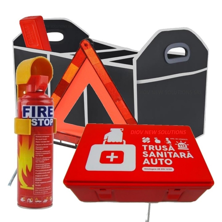 Комплект за пътна безопасност: пожарогасител със спрей за кола + медицински комплект за кола + светлоотразителен триъгълник + органайзер за багажник