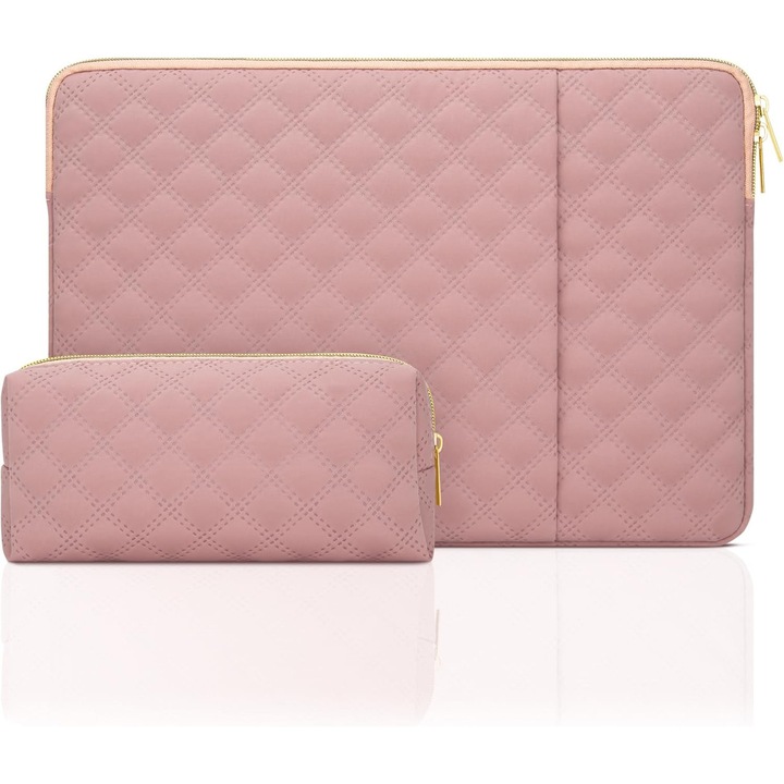 Husa Laptop 13 Inch, Protectie Impermeabila, Roz, Buzunar Accesorii