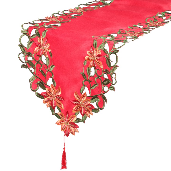 YANYXR BCS2917879 asztali futó, hímzett karácsonyi dekoráció kivágásokkal és virágokkal, piros, 176 x 38 cm, textil anyag