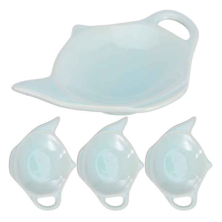 Suport pentru pliculete de ceai ZYBLSSBB din ceramica in forma de ceainic, albastru deschis, set 4, 12,2 x 8,8 x 2 cm