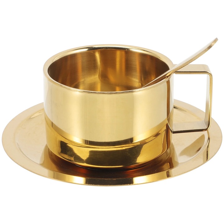 Cana de cafea din otel inoxidabil ZYBLSSBB LSM2xh9672-BCS0082131, set cu farfurie si lingurita, auriu lucios, 200 ml, 14x5x5 cm