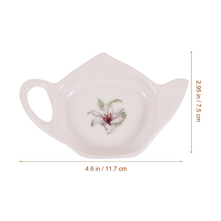 Suport pentru pliculete de ceai ZYBLSSBB LSM2xh11354-BCS0106704, ceramic in forma de ceainic cu imprimeu floral, alb, set 4 buc., 11.7 x 7.5 x 1.8 cm