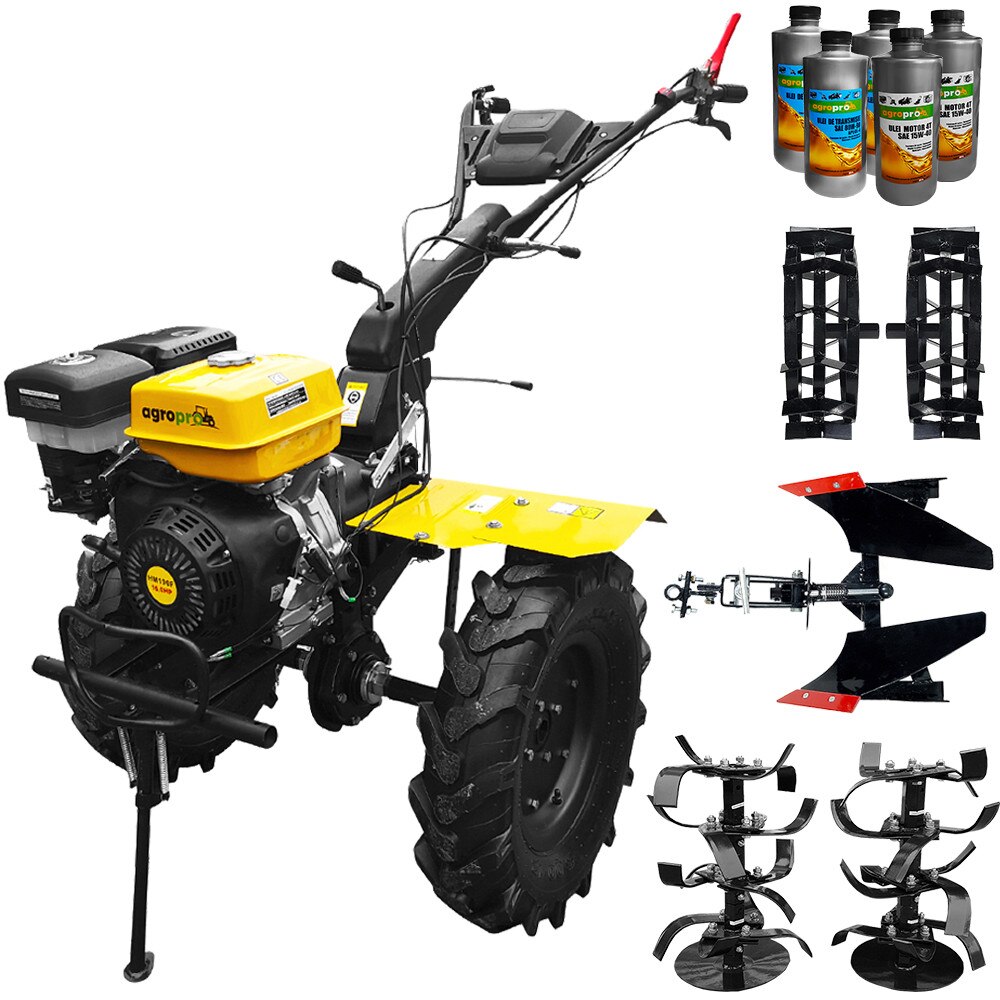 Pachet motocultor AgroPro HS 1100D motor 16 CP, 2+1 viteze de mers, senzor de ulei, pornire rapida, freze, plug reversibil, roti cauciuc, roti metal + 5L Ulei AgroPro
