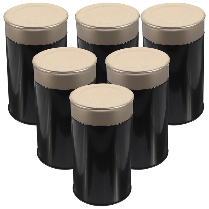 Set de 6 cutii metalice pentru ceai ZYBLSSBB LSM2xh11787-BCS0112797, din inox/tinplate, cu capac, negru/auriu, 15.5 x 8.5 cm