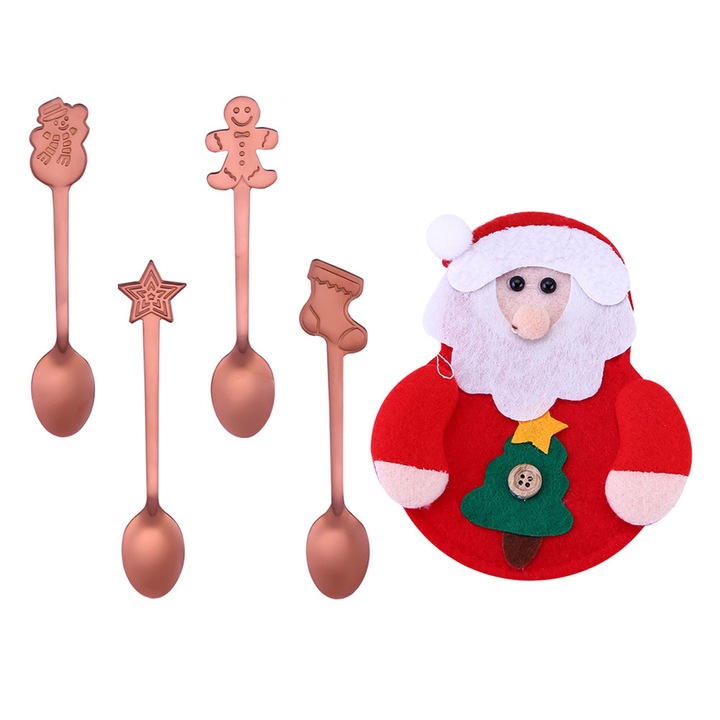 Linguri de desert ZYBLSSBB din inox, set tematic Craciun cu motive (om de zapada, turta dulce, stea, soseta), roz-auriu, 4 buc., cu husa decorativa