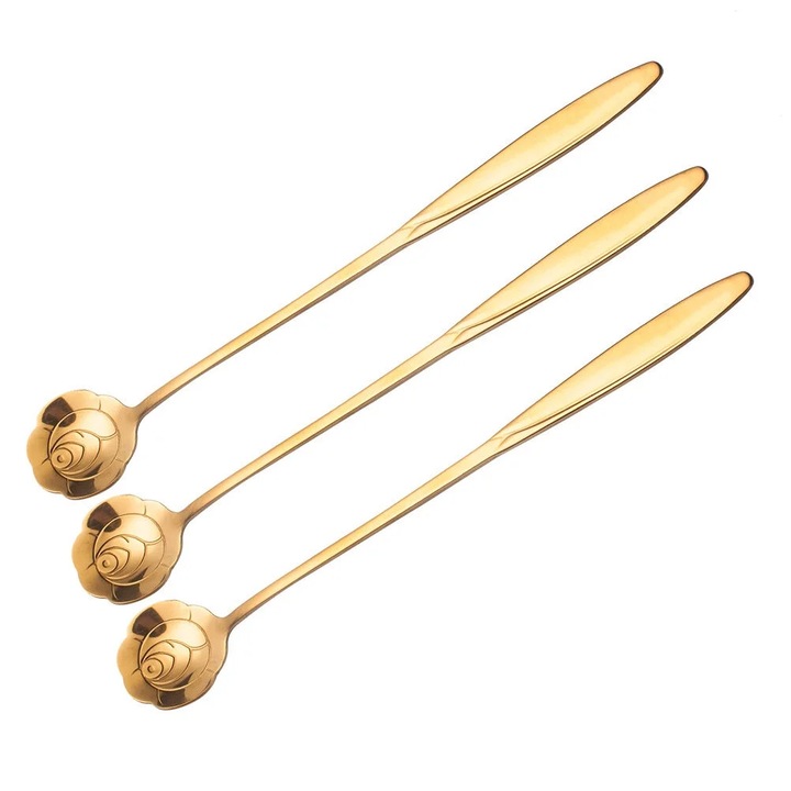 Linguri de amestecat ZYBLSSBB LSM2xh11102-BCS0102781 din inox, maner lung, cap in forma de petala (floare), auriu, set 3, 17.5 cm