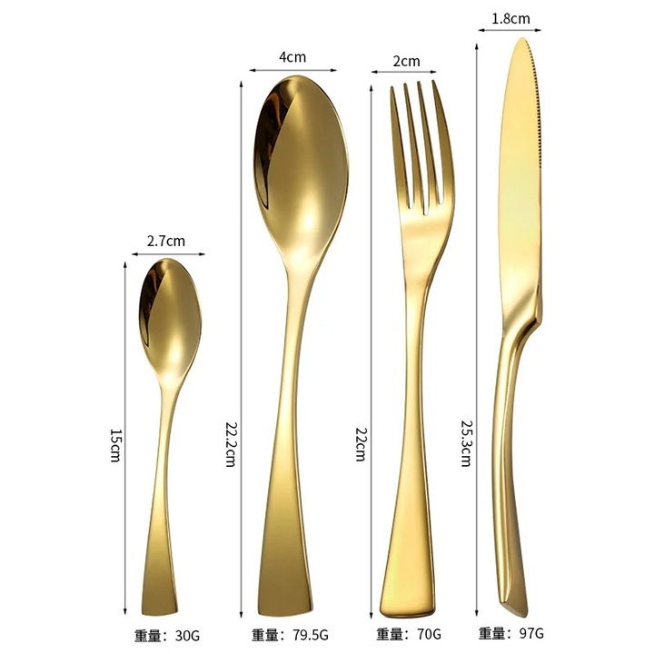 Set tacamuri ZYBLSSBB LSM2xh9821-BCS0083294, 4 piese din otel inoxidabil, finisaj auriu, include cutit pentru friptura, furculita, lingura si lingurita