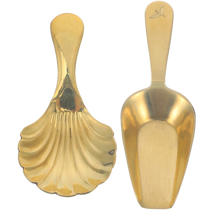 Lingurite pentru ceai ZYBLSSBB din alama, set 2 piese (lopatica mini 9.5x3.2x1.5 cm, lopata tip scoica 8.5x4.2x1.5 cm), auriu, LSM2xh14528-BCS0148885