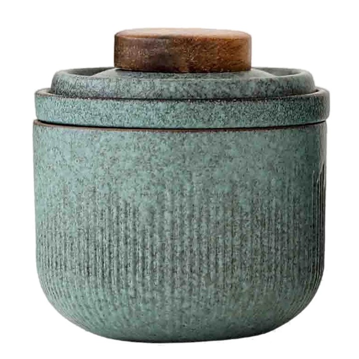 Set ceai portabil ZYBLSSBB LSM2xh16356-BCS0168322, ceramica cu filtru si capac din lemn, verde matcha, 7.5 x 7.5 x 8 cm