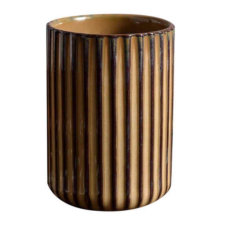Cana ceramica ZYBLSSBB LSM2xh16541-BCS0170575-6, retro cu striatii verticale, maro/bej, 300 ml (9.7 x 7.2 cm)
