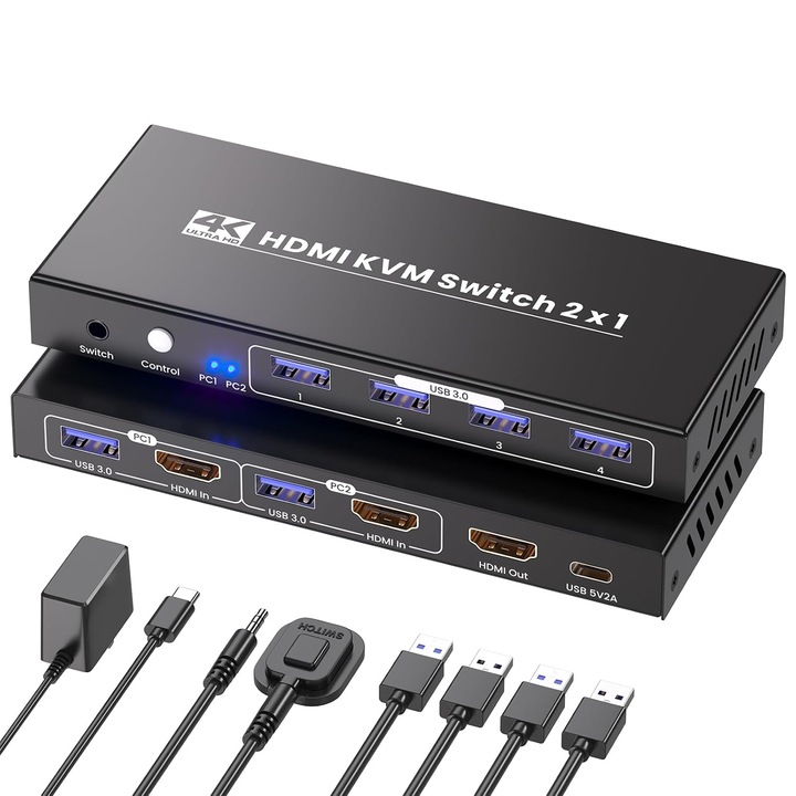 KVM HDMI kapcsoló 2 PC 1 monitorhoz, USB 3.0, 4K@60Hz