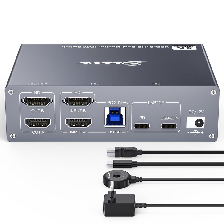 KVM Kapcsoló 4K 60Hz 2 Monitor USB-C/HDMI, 1 Laptop/1 Asztali PC, PD 100W
