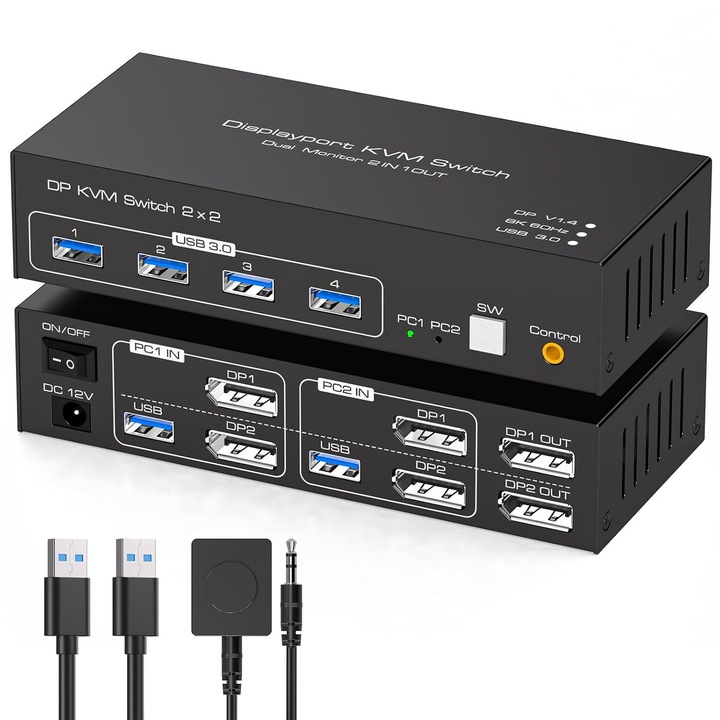 KVM DisplayPort kapcsoló 8K 60Hz/4K 120Hz, 2 PC, 2 monitor
