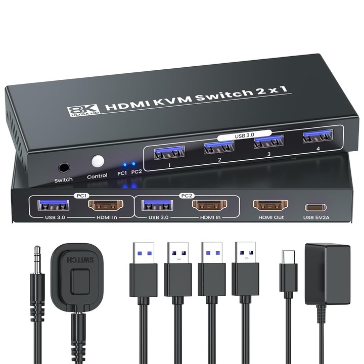 KVM kapcsoló HDMI 8K 2 PC 1 monitor USB 3.0