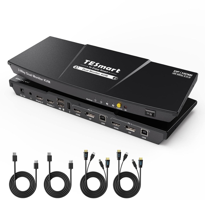TESmart KVM kapcsoló 2 PC 2 monitor 4K 60Hz DP HDMI USB