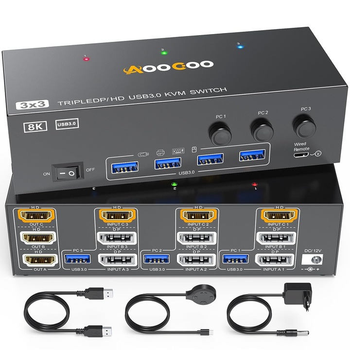 KVM Kapcsoló 8K 3 Monitor DP HDMI 3 PC-hez, 4 USB 3.0