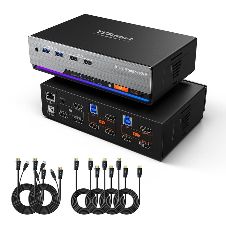 TESmart HDMI KVM kapcsoló 2 PC-hez 3 monitorhoz 4K@60Hz USB 3.0