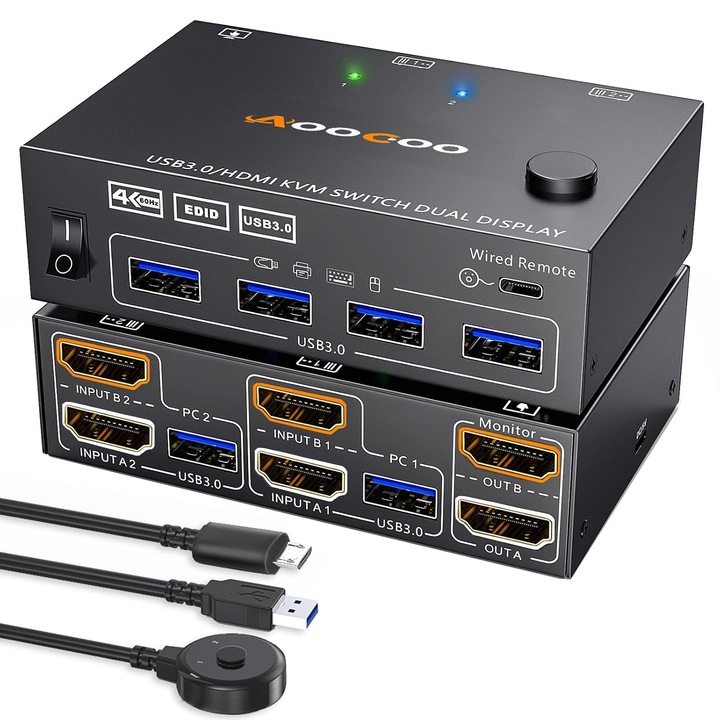 KVM Kapcsoló Két Monitorhoz 2 PC 4K@60Hz USB 3.0