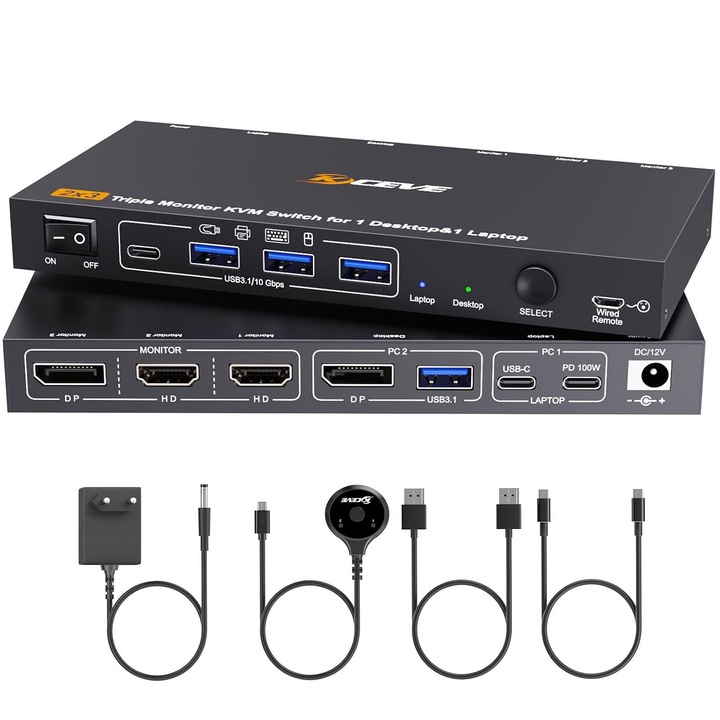 KVM Kapcsoló 3 Monitorhoz: 1 Laptop, 1 PC, USB-C, 4K@60Hz, 100W PD