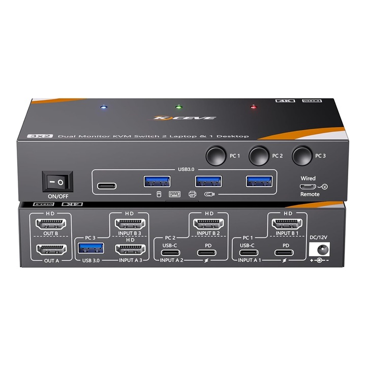 KVM kapcsoló 3 PC 2 monitor USB-C HDMI 4K@60Hz, 100W PD
