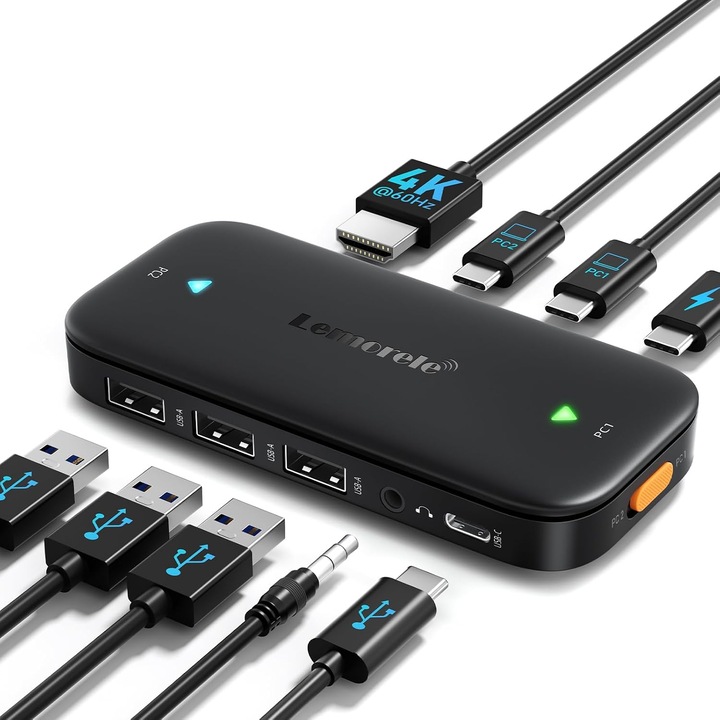 Lemorele USB-C KVM kapcsoló 2 PC 1 monitor 4K@60Hz, 4 USB port