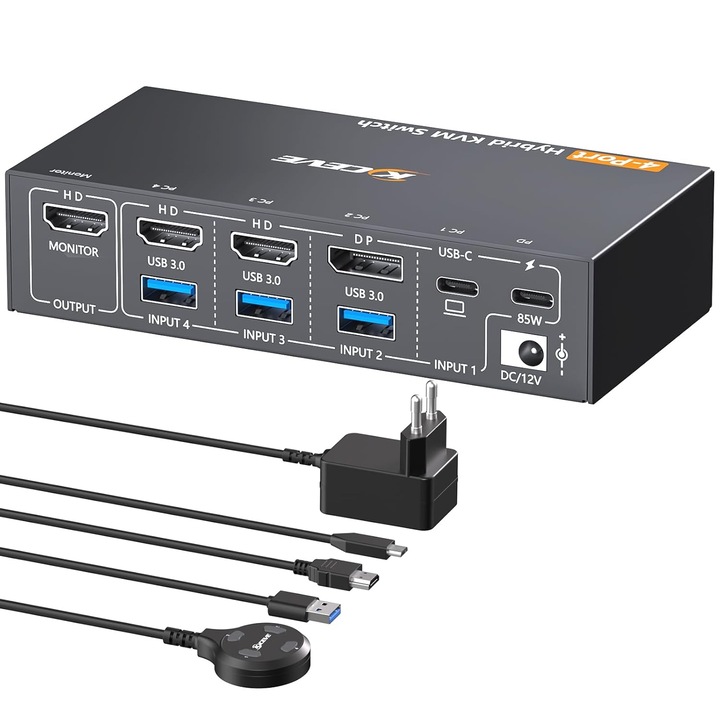 KVM kapcsoló 4K 60Hz HDMI DP USB-C, 4 PC, 1 monitor, USB 3.0