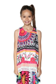 DESIGUAL, Top cu imprimeu si terminatie asimetrica, Alb/Fucsia/Negru, 152 CM DESIGUAL, Top cu imprimeu si terminatie asimetrica, Alb/Fucsia/Negru, 152 CM