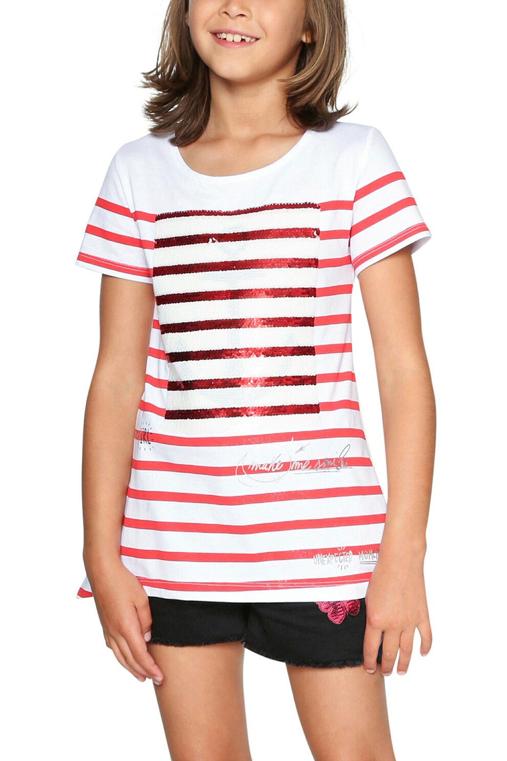 Desigual, Tricou in dungi cu paiete reversibile, Alb/Rosu stins, 128 CM