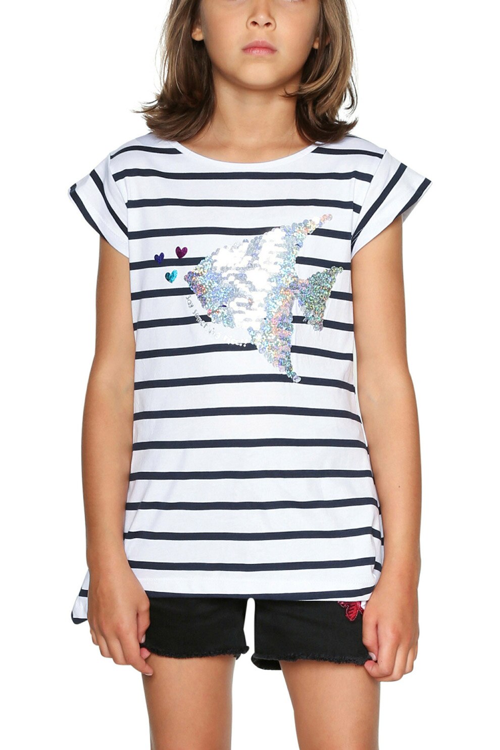 DESIGUAL, Tricou in dungi cu paiete reversibile, Alb/Bleumarin inchis, 152 CM