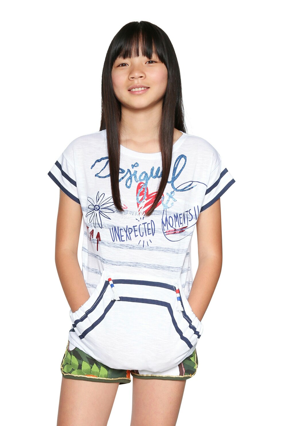 DESIGUAL, Tricou cu buzunar kangaroo, Alb/Bleumarin inchis, 104 CM