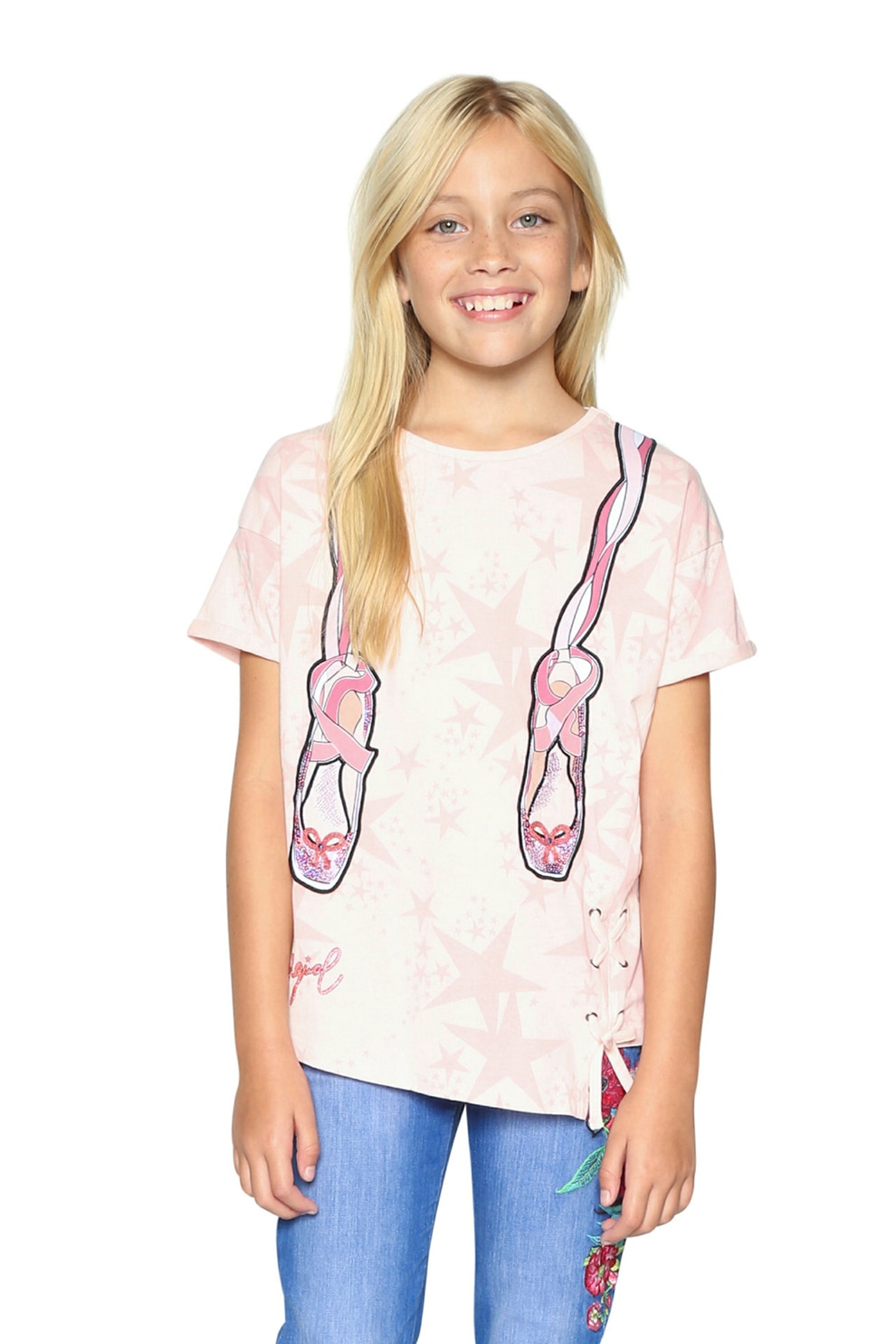 DESIGUAL, Tricou cu siret lateral, Roz pal, 164 CM