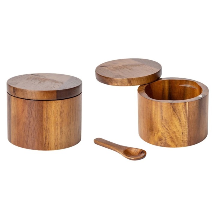 Cutii pentru condimente ZYBLSSBB LSM2xh9765-BCS0013589-1, set 2 recipiente din lemn cu capac rotativ si lingurita, lemn natural
