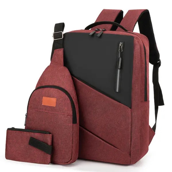 Set rucsac, geanta messenger si portofel din nylon, stil urban, pentru laptop 10", bordo, rucsac 43×30×13 cm, messenger 30×18×6 cm, portofel 18×12×2 cm