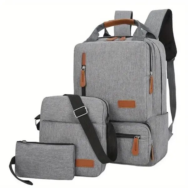 Rucsac set 3 piese din poliester, rucsac pentru laptop cu port USB, rezistent la apa, capacitate mare, gri