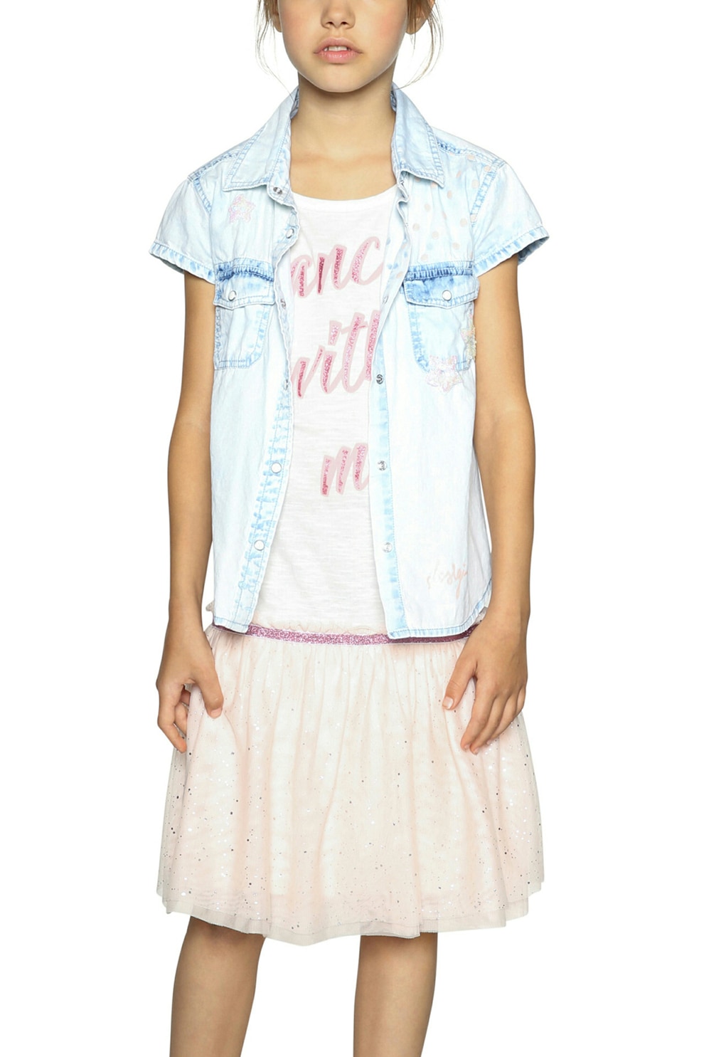 DESIGUAL, Rochie combi cu talie joasa si imprimeu stralucitor, Alb/Roz pal