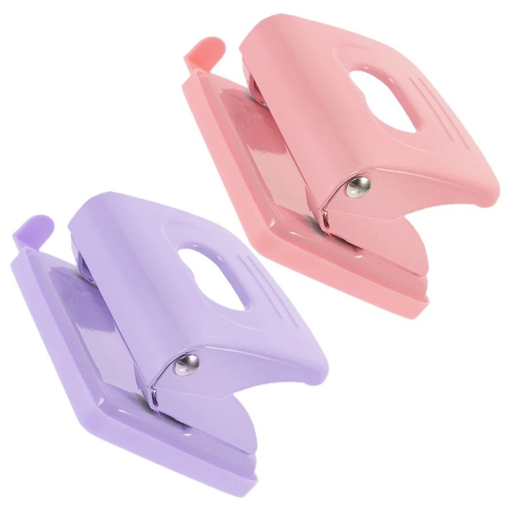 Perforator de hartie ZYBLSSBB LSM2xh262-BCS0047545, 2 buc., metal si plastic, compact, pentru craft, roz/lila, 10 x 8.5 x 4 cm
