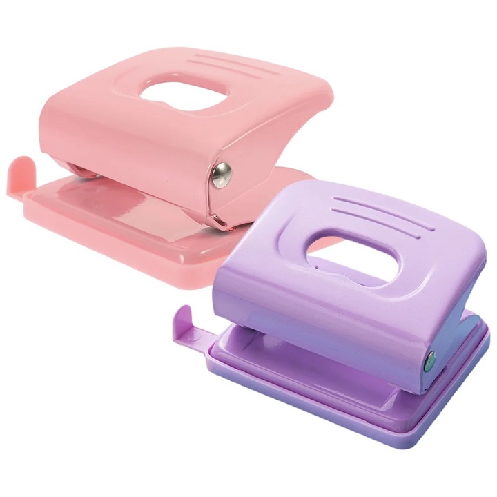 Perforator manual cu 2 gauri ZYBLSSBB LSM2xh1890-BCS0024398, set 2 bucati, plastic si metal, roz/lila, 10 x 8.5 x 4 cm